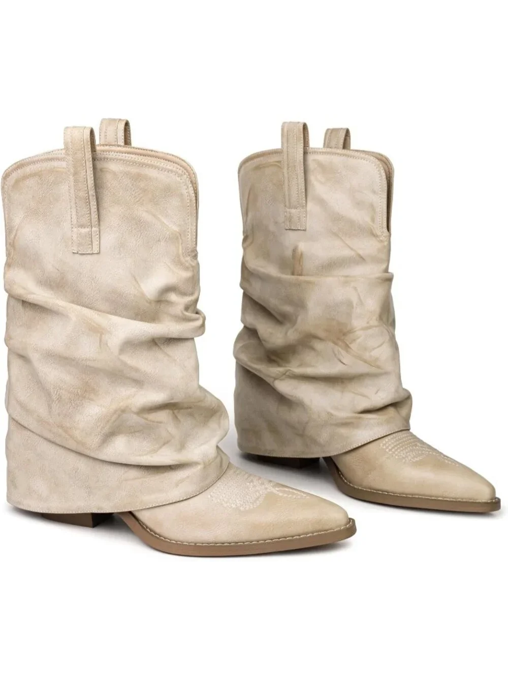Women's Beige Rubber Calf High and Pointed Toe Slouchy Riding Boots
